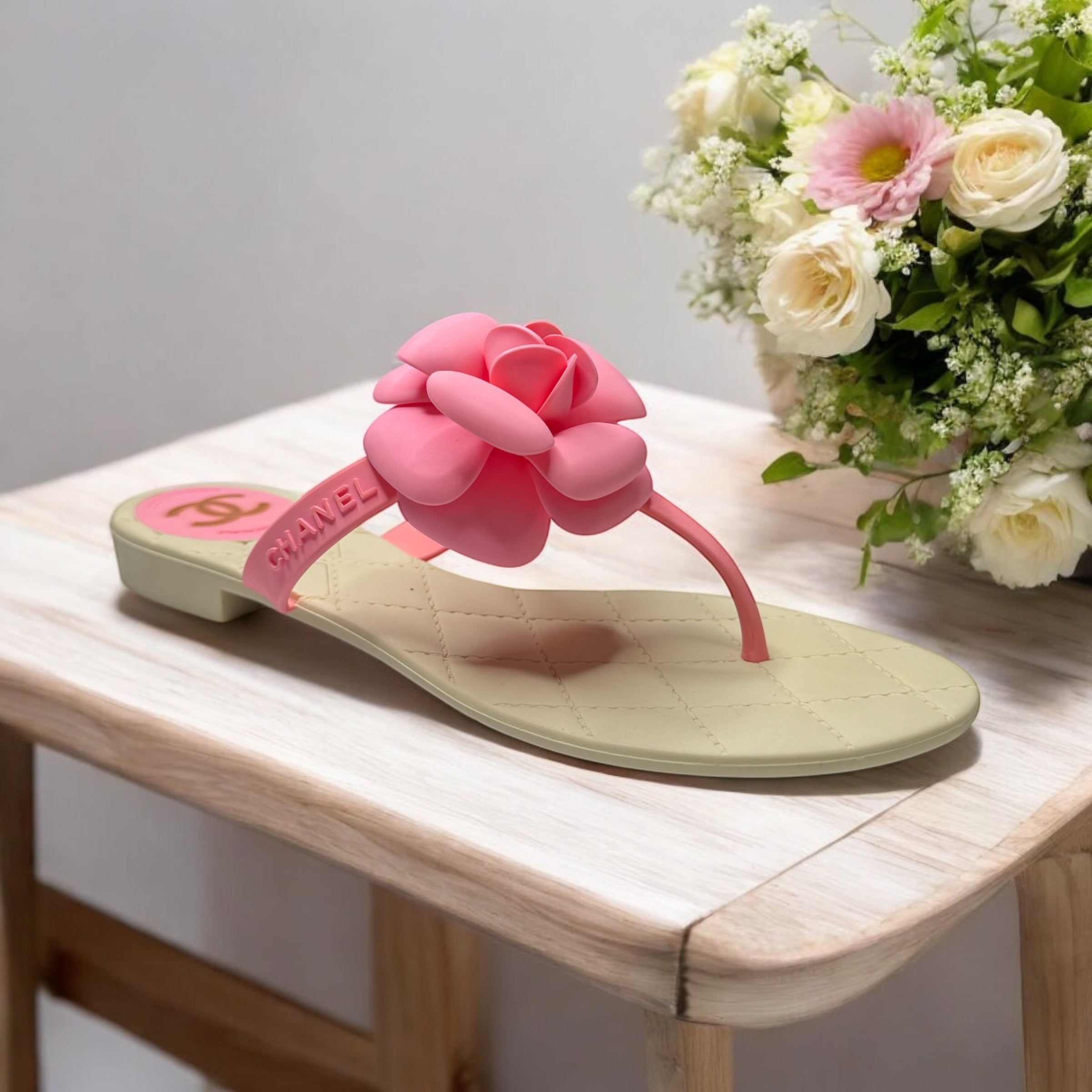 Chanel Rubber Quilted Camellia Thong Sandals 37 | Chic Comfort