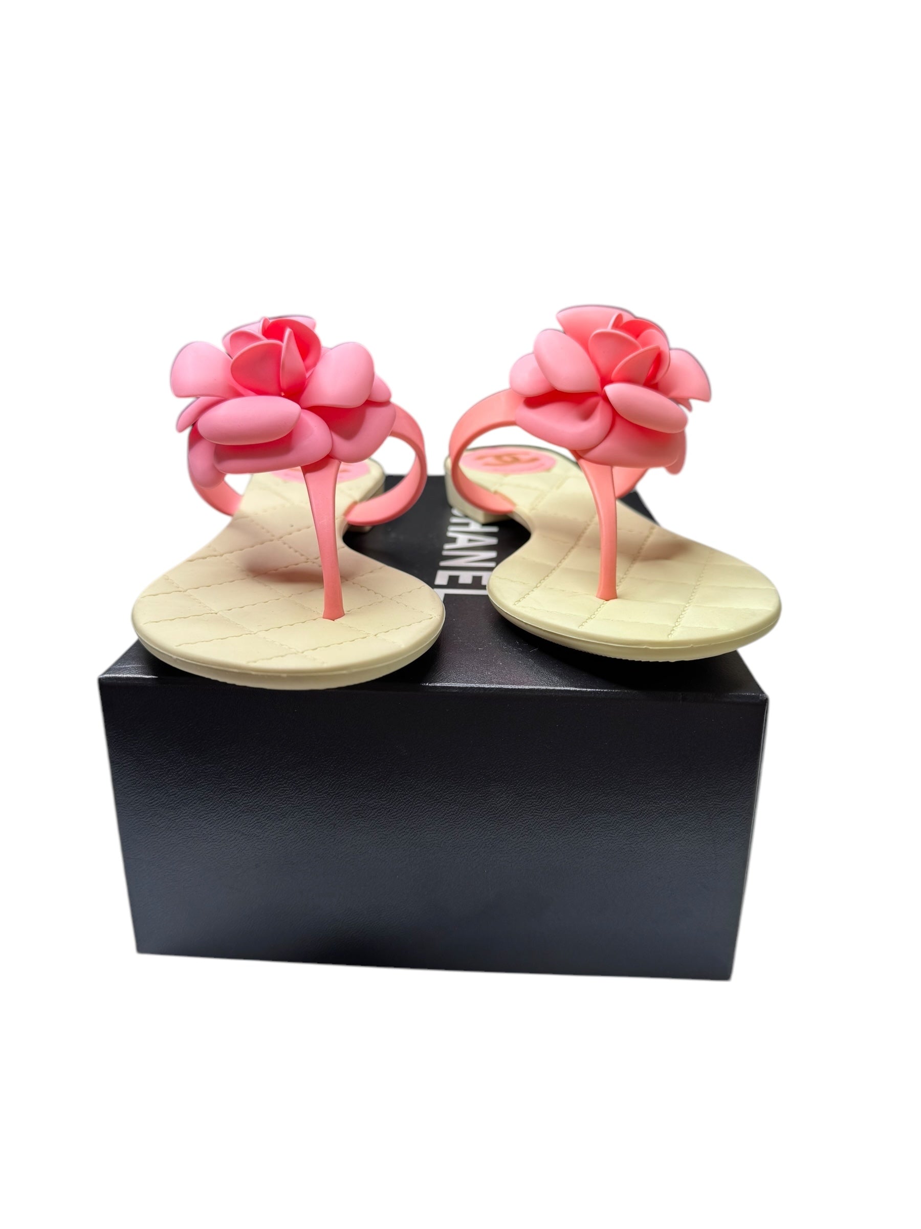 Chanel Rubber Quilted Camellia Thong Sandals 37 | Chic Comfort
