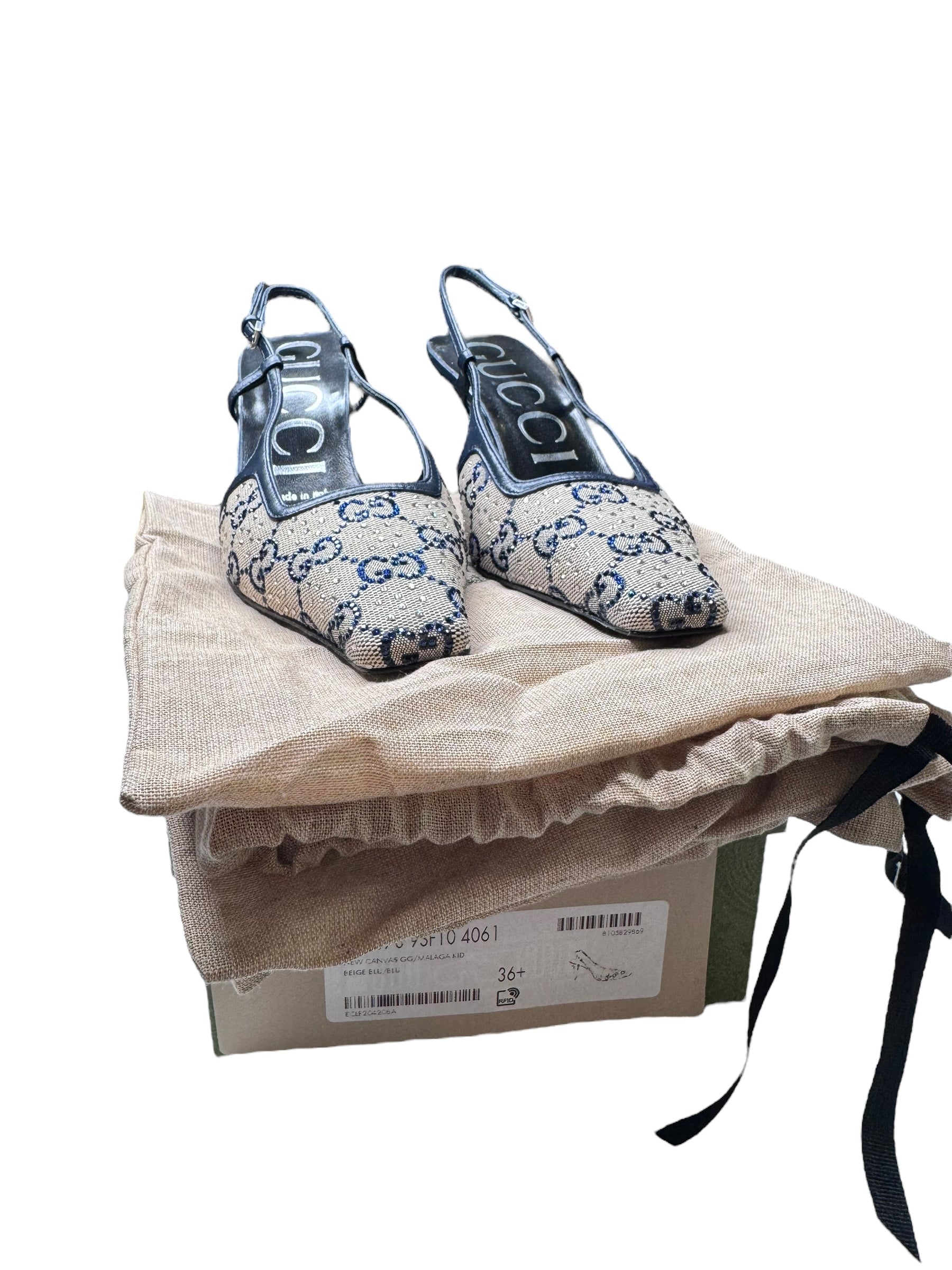 Gucci Canvas Malaga Sparkle G Sling Heels 36.5 | Glamorous Style