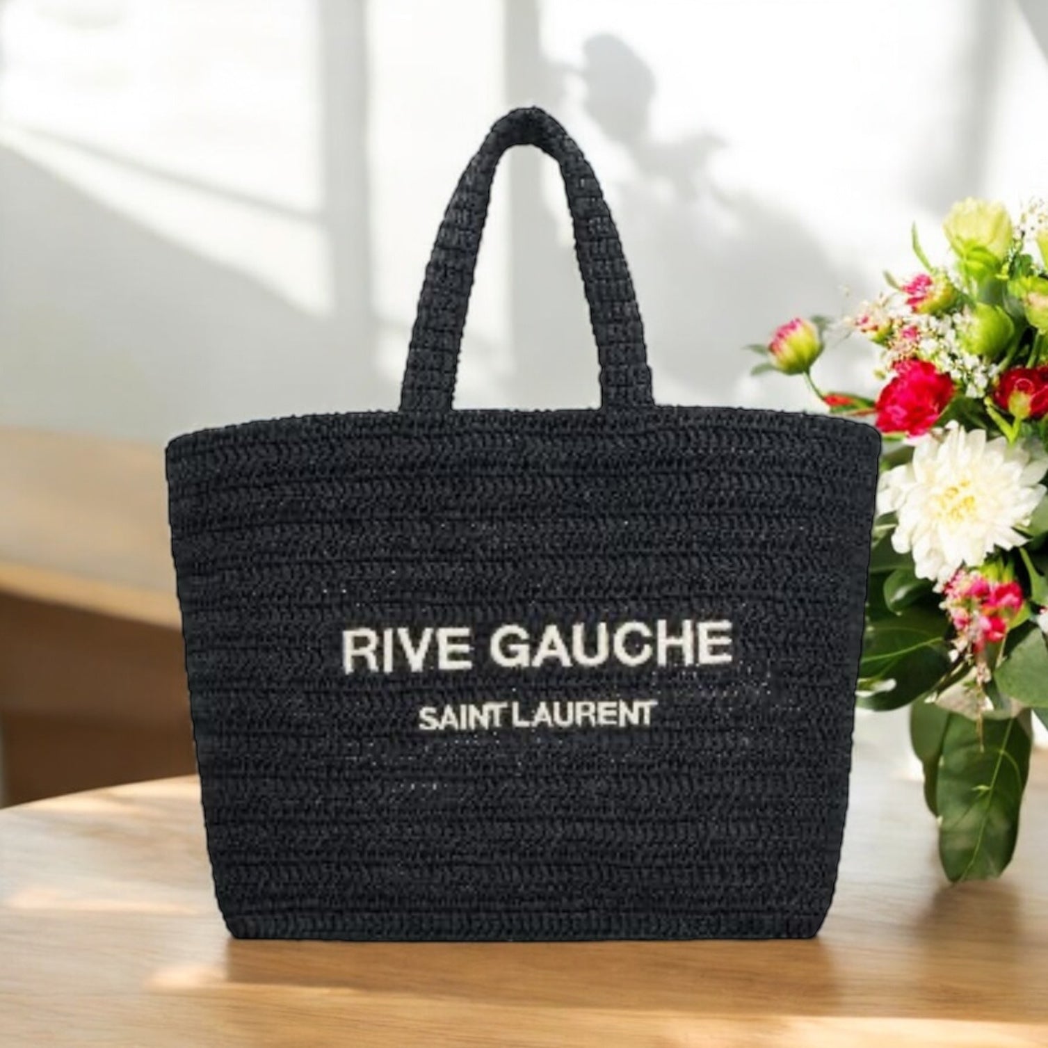 Saint Laurent Rive Gauche Embroidered Raffia Tote Bag