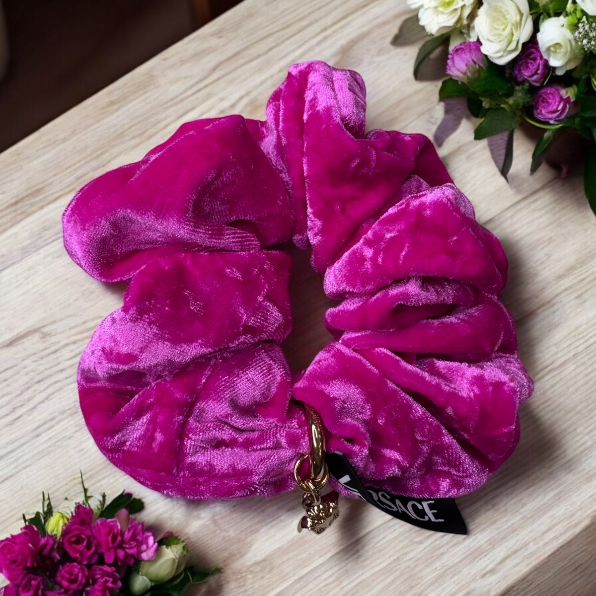 Medusa Crushed Velvet Charm Scrunchie Hanging Jeweled Velvet Scrunchie – HETTIE HAIR ACCESSORIES main image 2