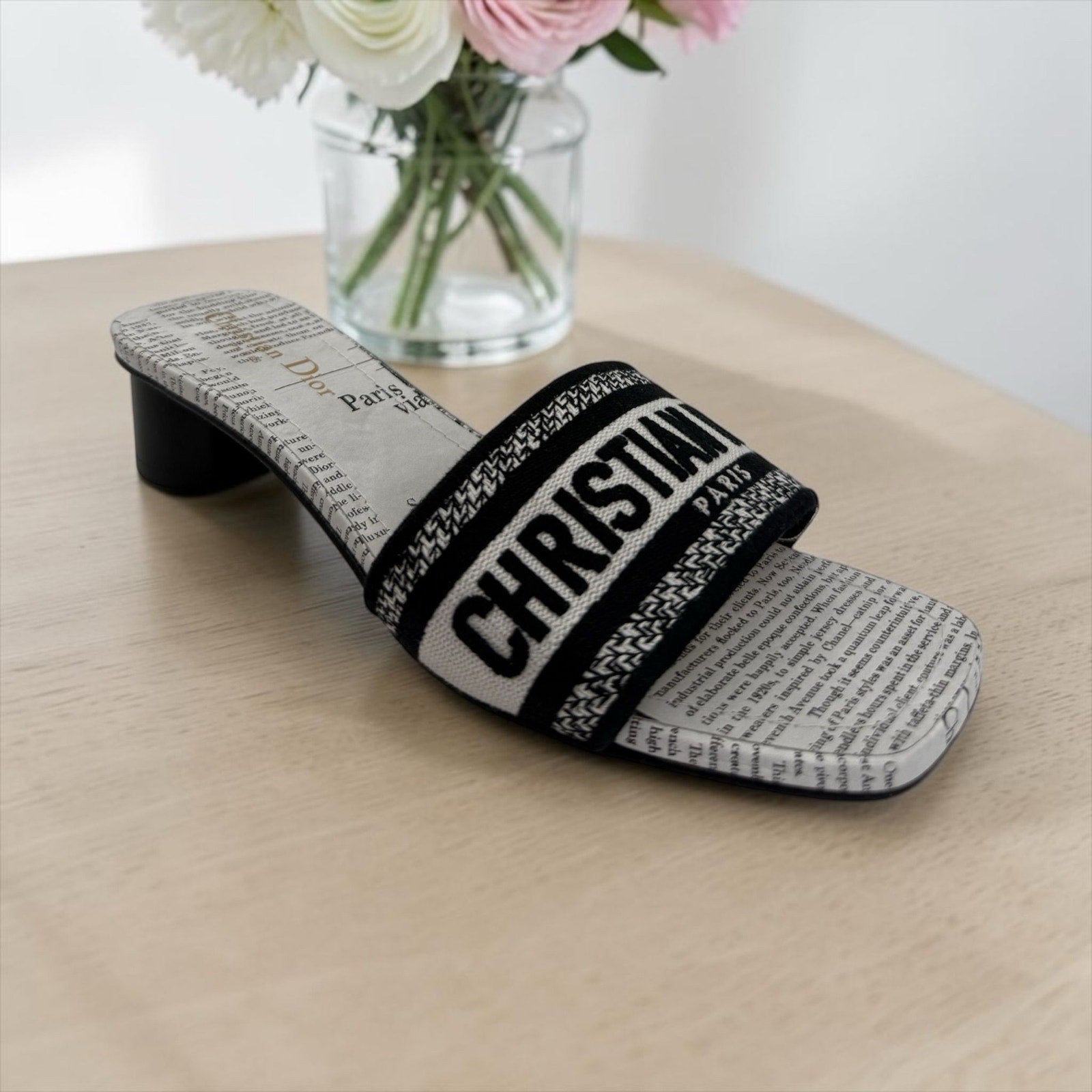 Dior Dway Heeled Newspaper Print Slides (39/9)