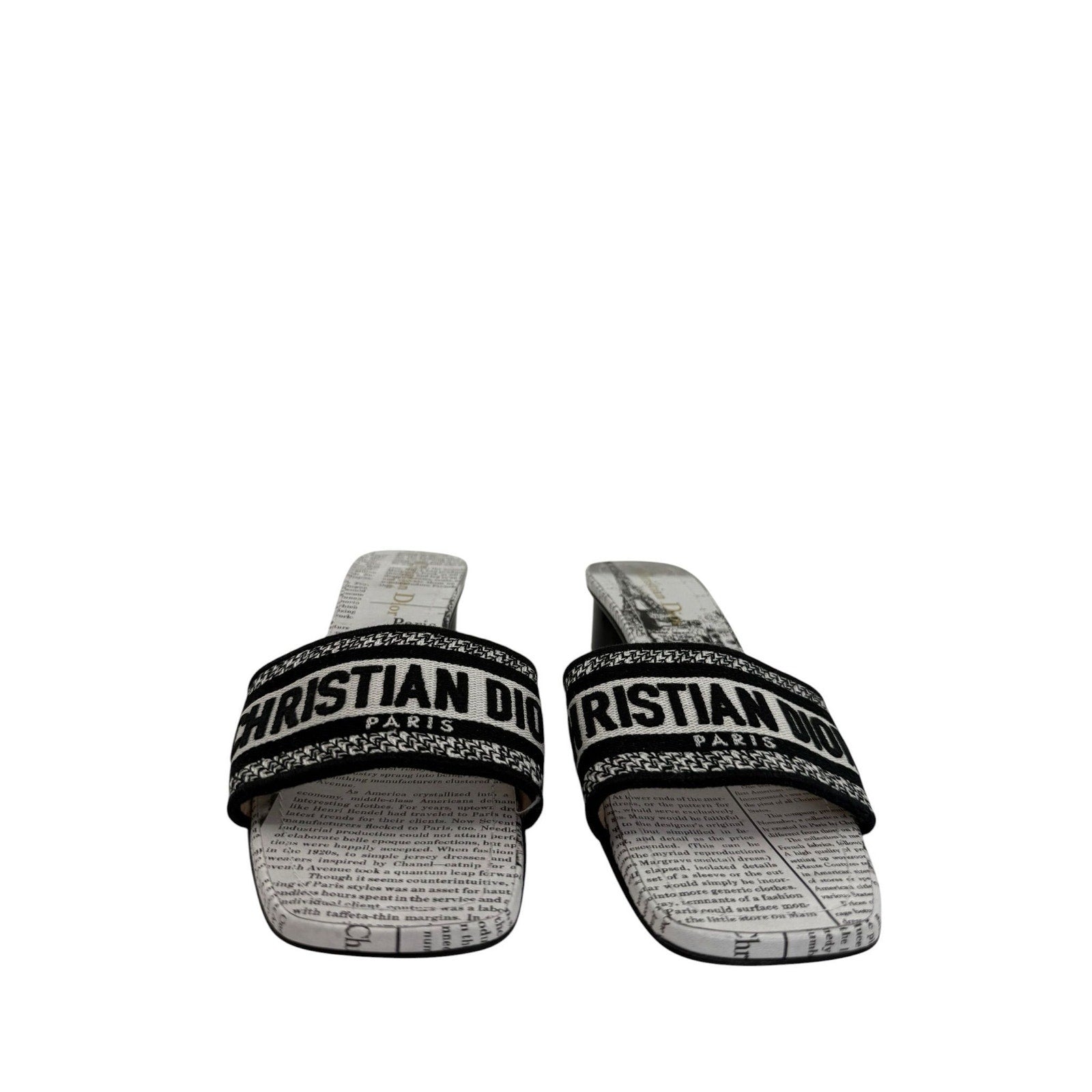 Dior Dway Heeled Newspaper Print Slides (39/9)