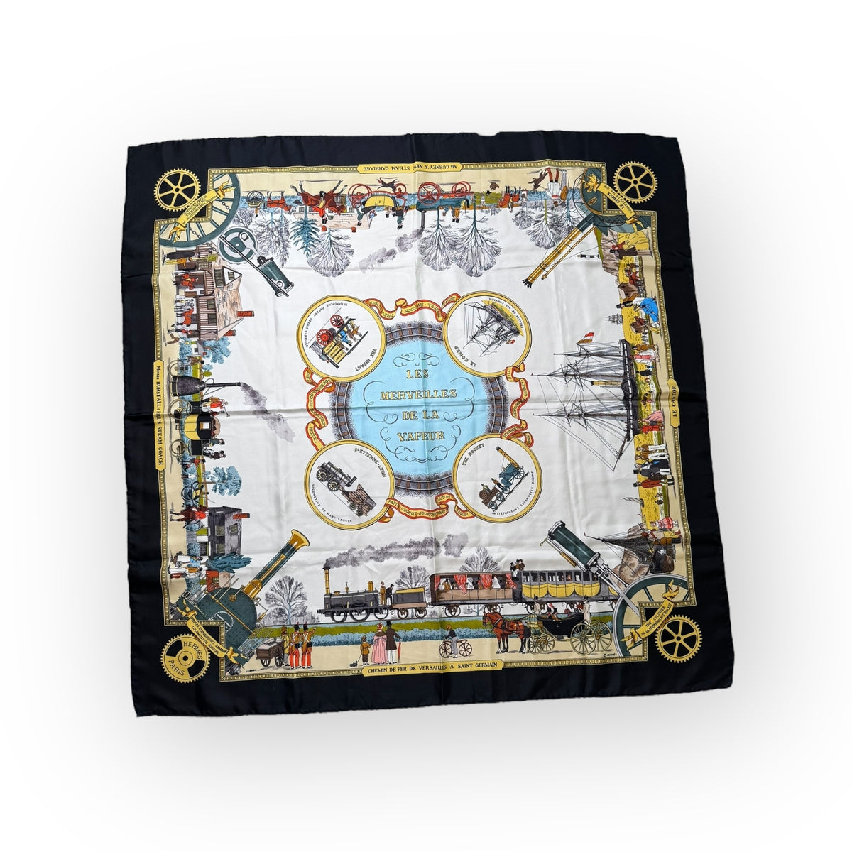 Foulard Hermés LOCOMOTIVES À VAPEUR 1978 - Soie Carrée Vintage - Occasion Porté