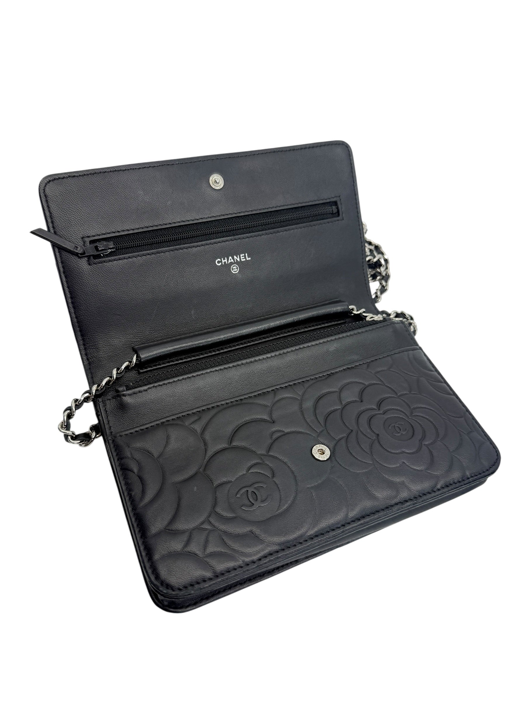 Chanel Camellia Embossed Lambskin Wallet on Chain