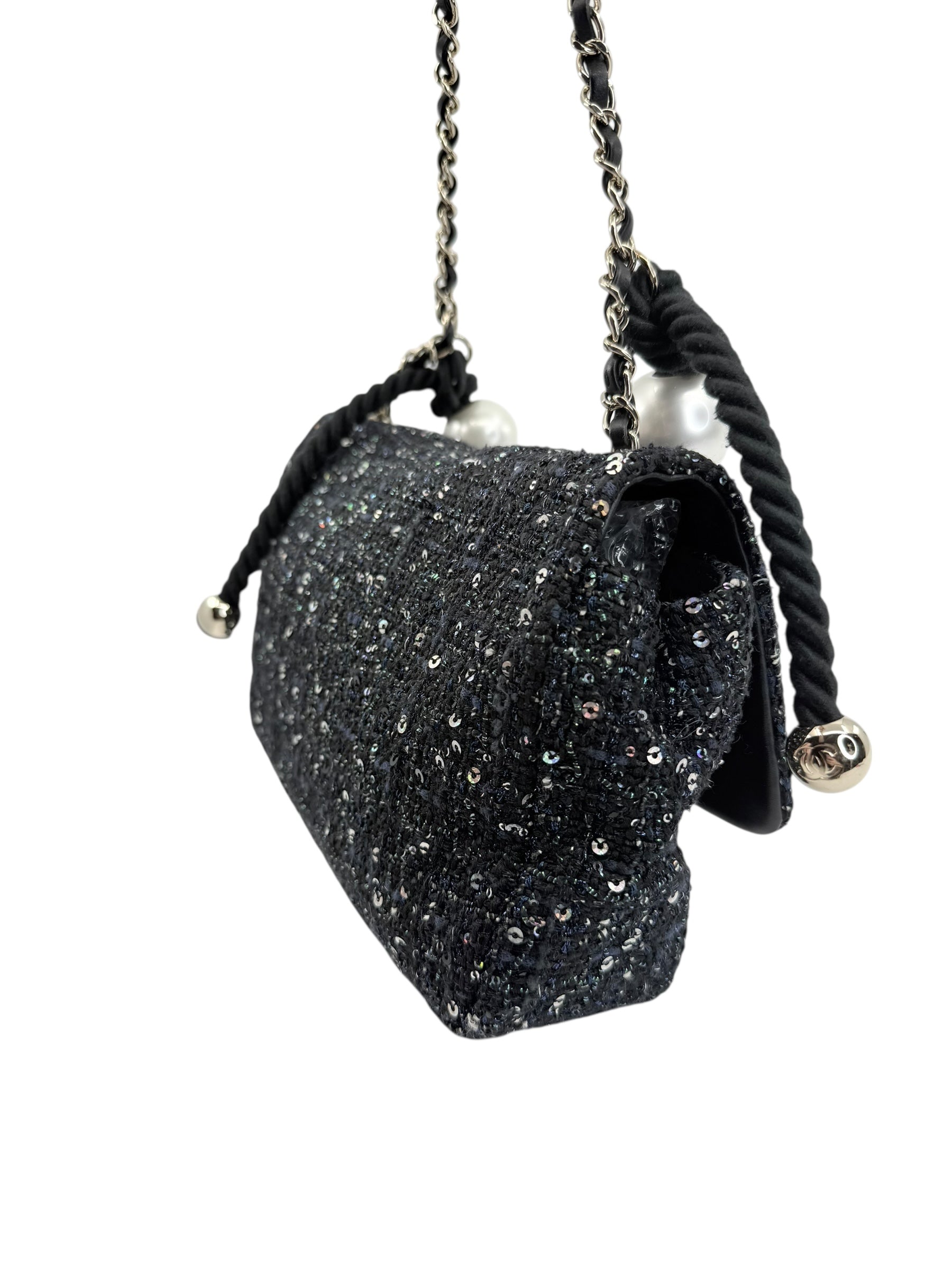 Chanel Pearl Handled Sequined Tweed Medium Flap Bag
