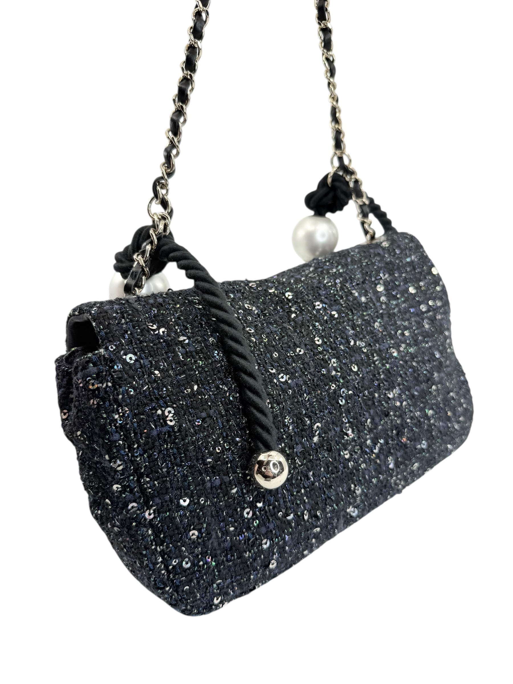 Chanel Pearl Handled Sequined Tweed Medium Flap Bag