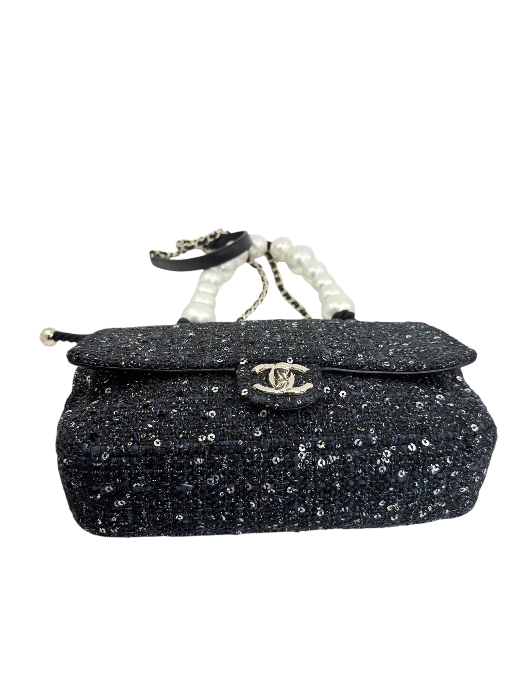 Chanel Pearl Handled Sequined Tweed Medium Flap Bag