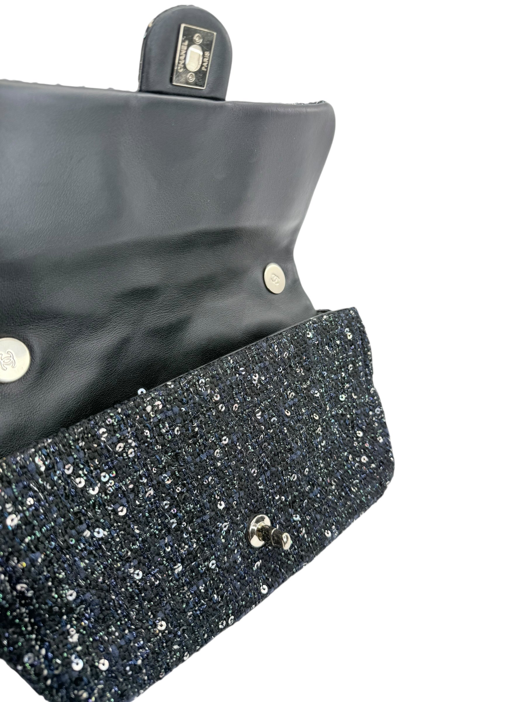 Chanel Pearl Handled Sequined Tweed Medium Flap Bag