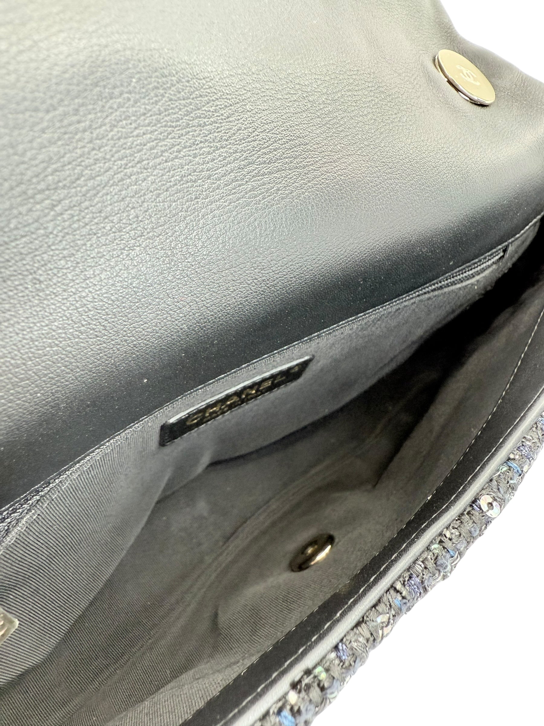 Chanel Pearl Handled Sequined Tweed Medium Flap Bag