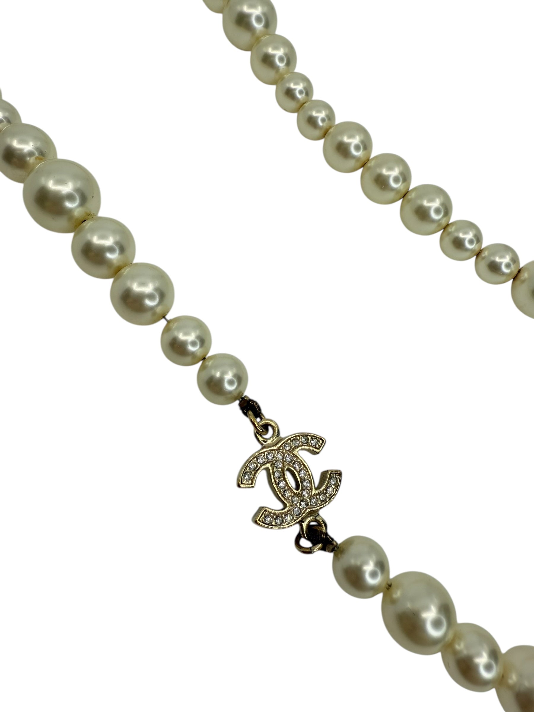 Chanel Long Faux Pearl Necklace & CC Crystal Pendants