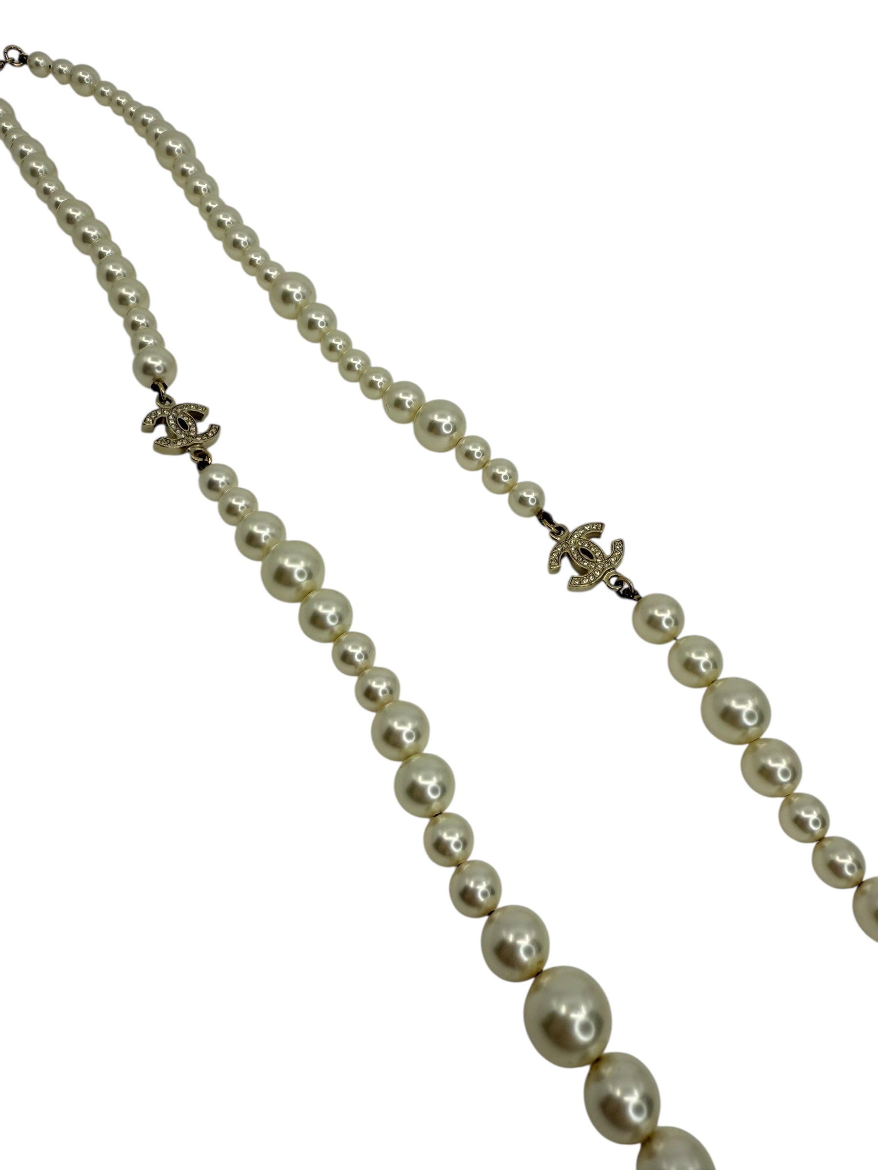 Chanel Long Faux Pearl Necklace & CC Crystal Pendants