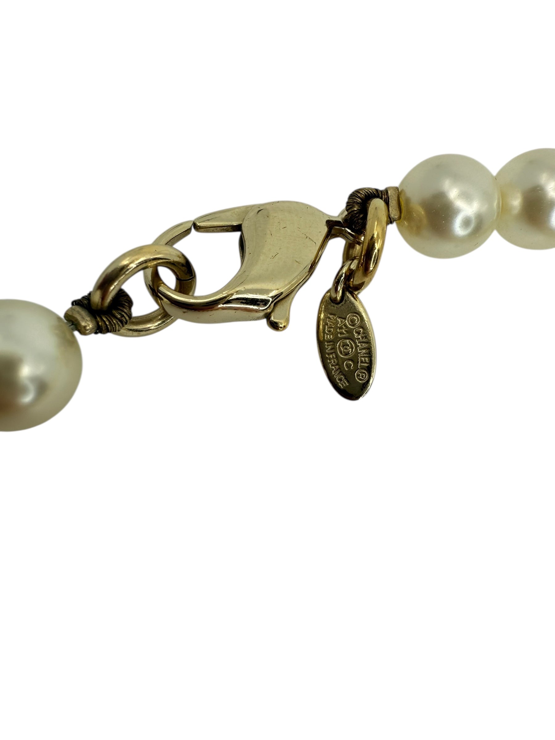 Chanel Long Faux Pearl Necklace & CC Crystal Pendants