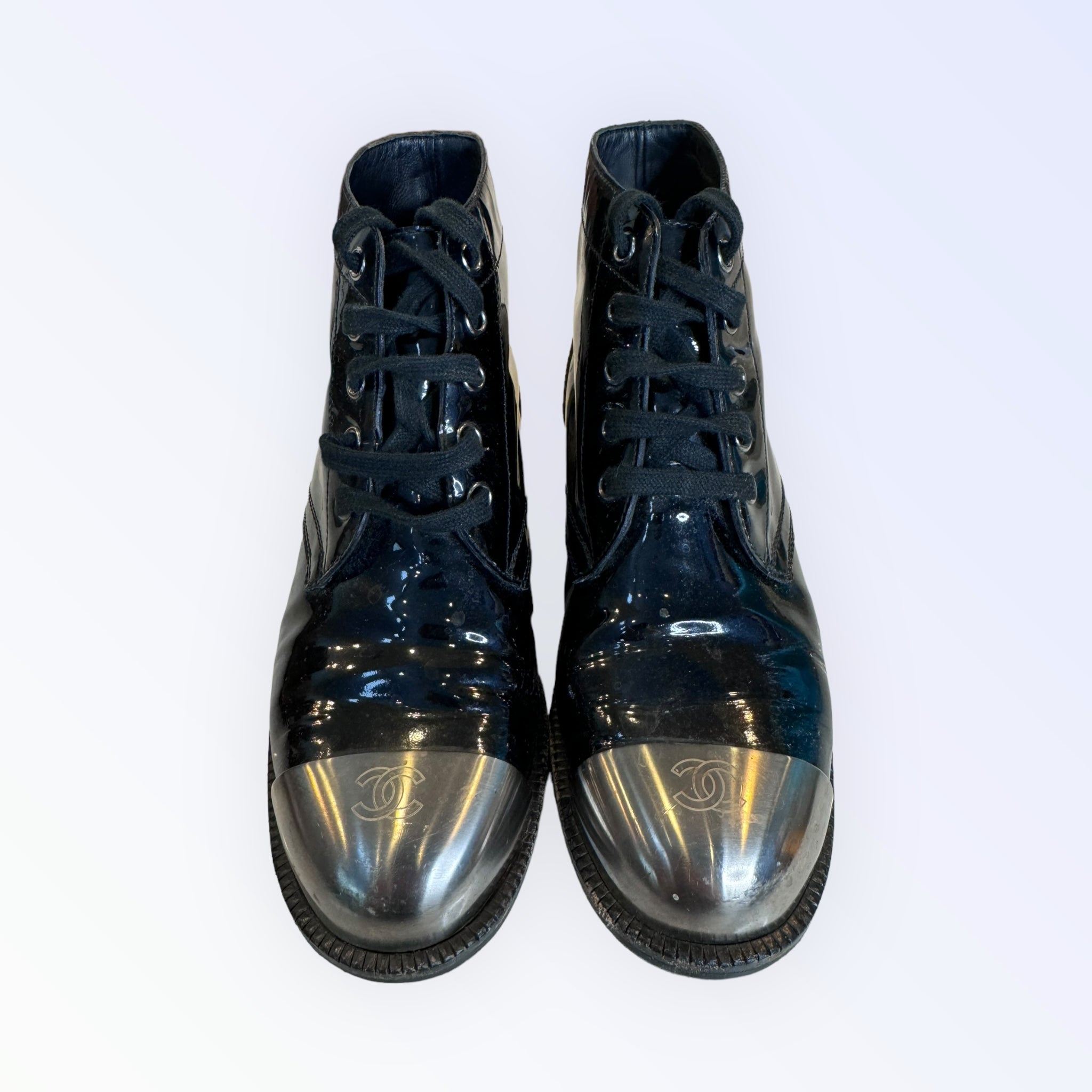 Chanel Patent Leather Metal Toe CC Ankle Boots