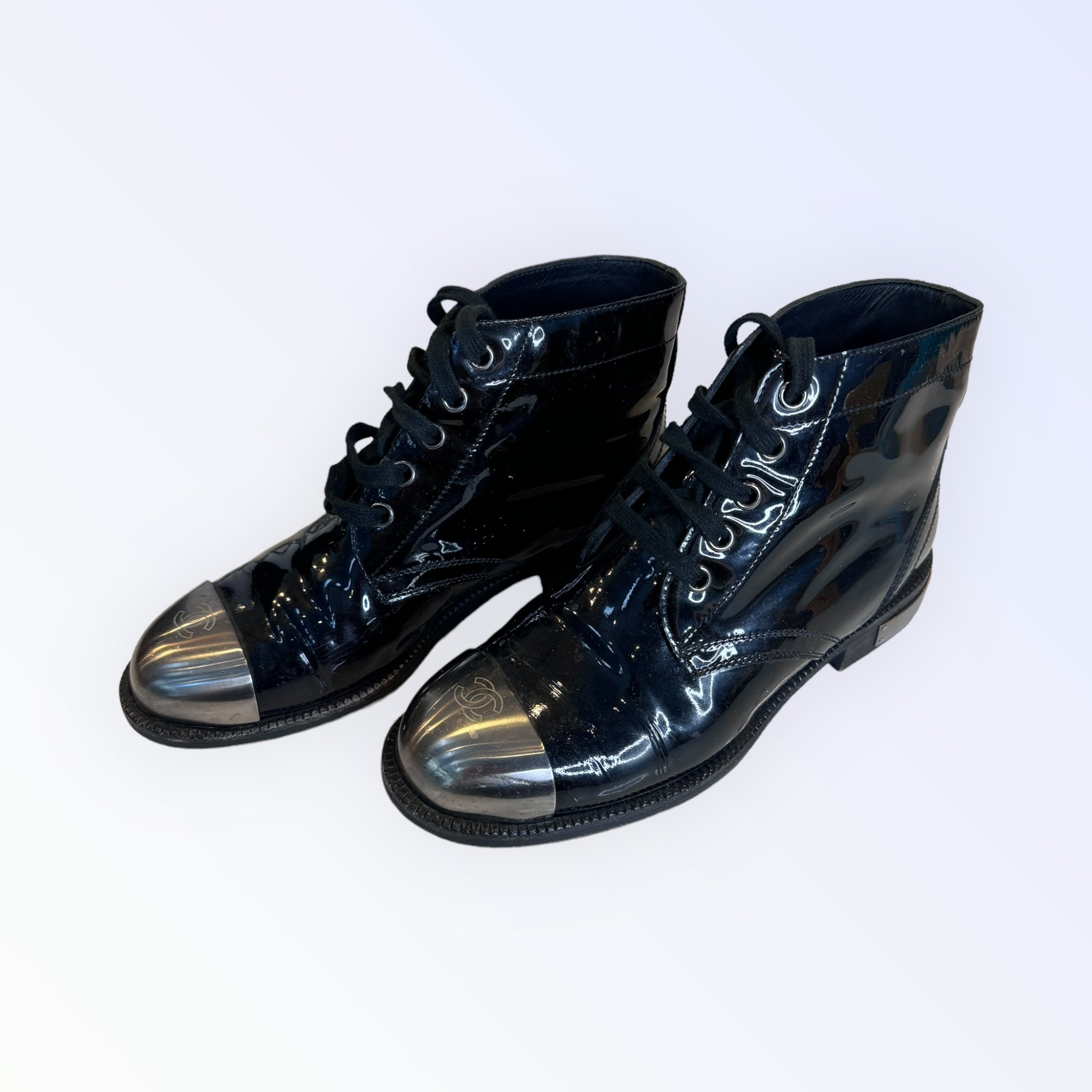 Chanel Patent Leather Metal Toe CC Ankle Boots