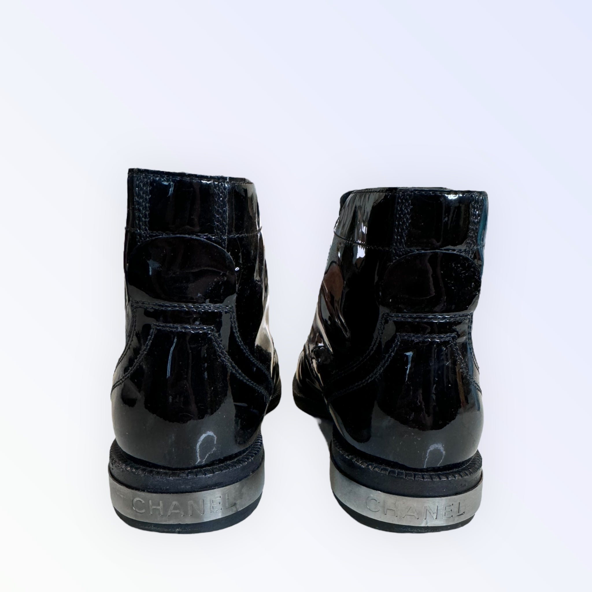 Chanel Patent Leather Metal Toe CC Ankle Boots