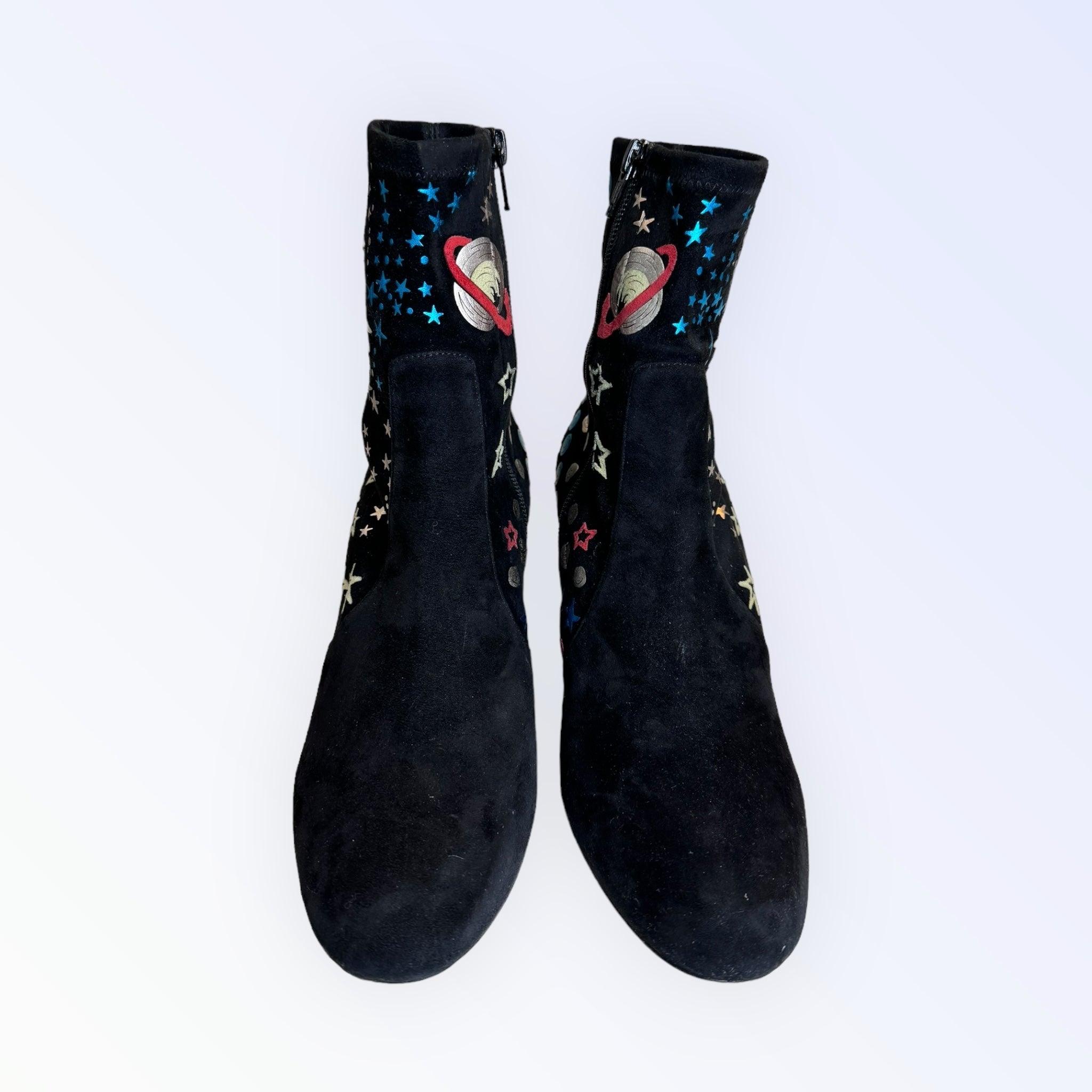 Valentino Astro Couture Galaxy Foil Print Suede Ankle Boots