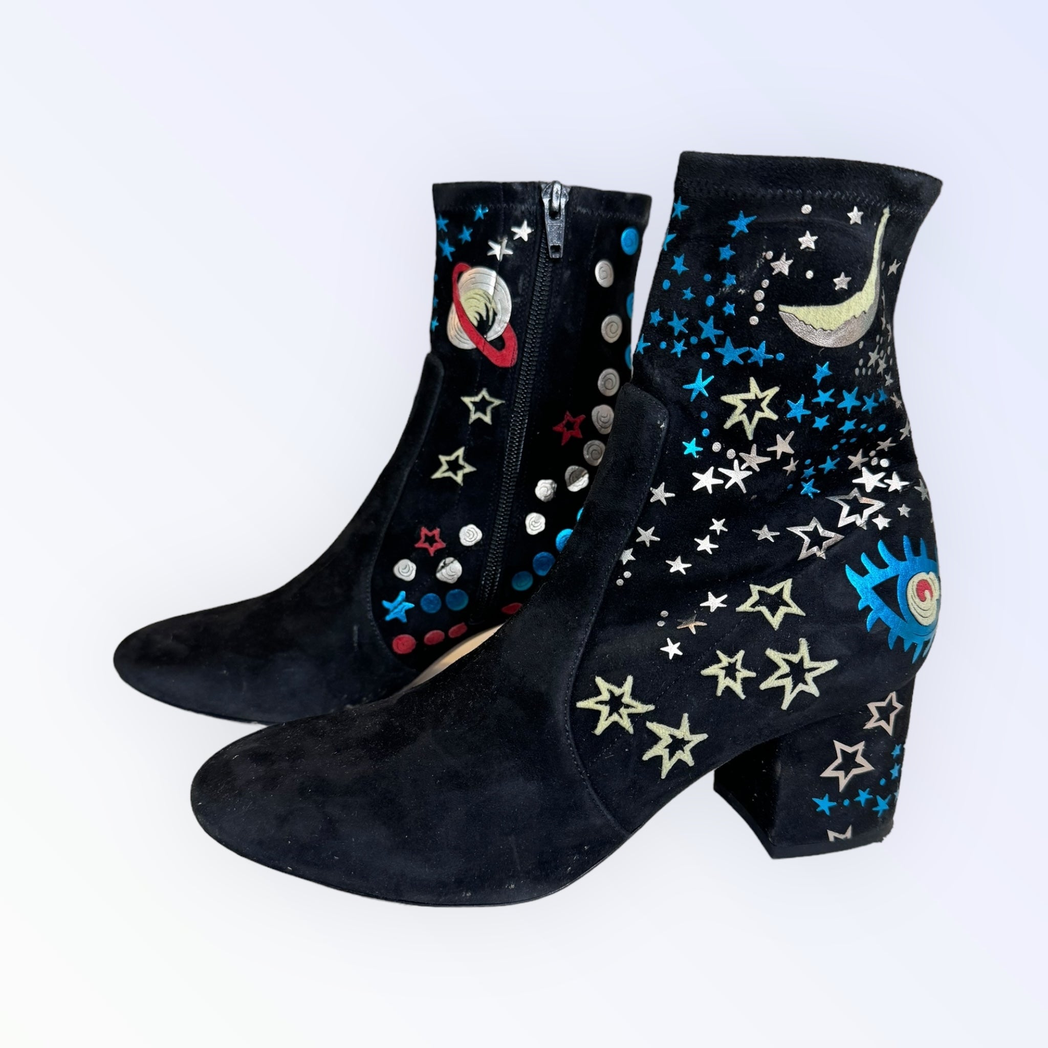 Valentino Astro Couture Galaxy Foil Print Suede Ankle Boots