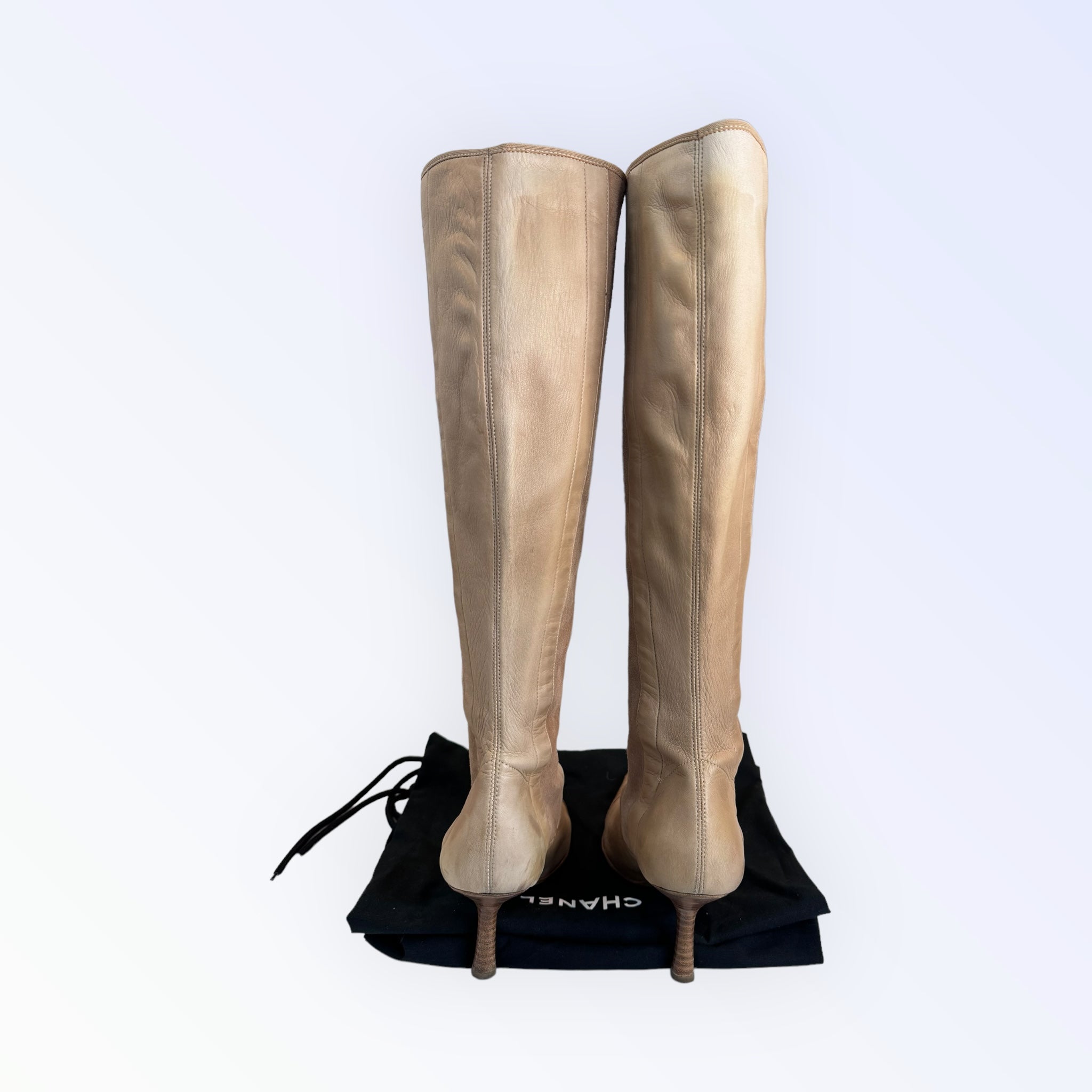 Chanel Knee High Leather Pointed Toe Boots