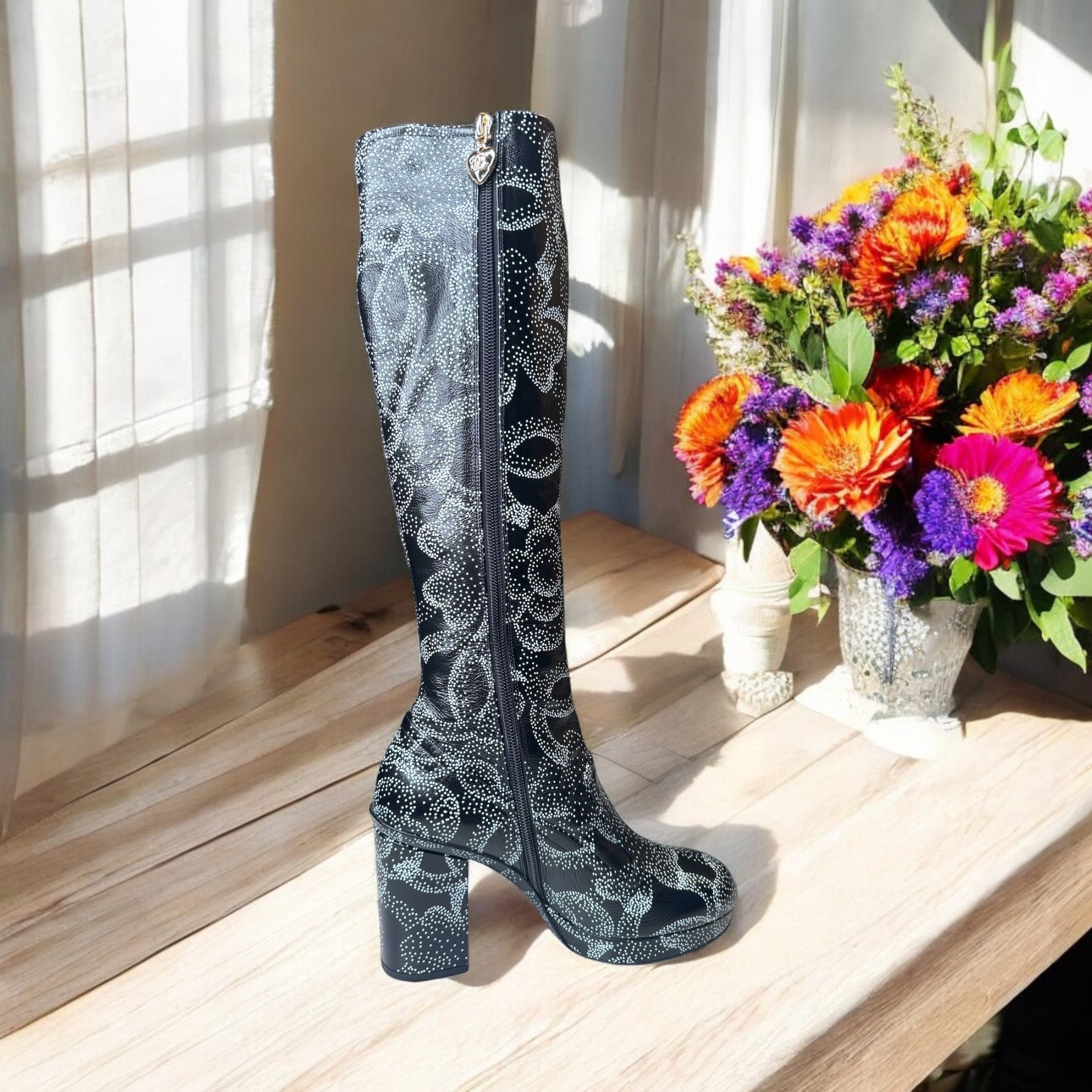 Chanel Calfskin Camellia Printed High Boots 23K (37.5/7.5) | The