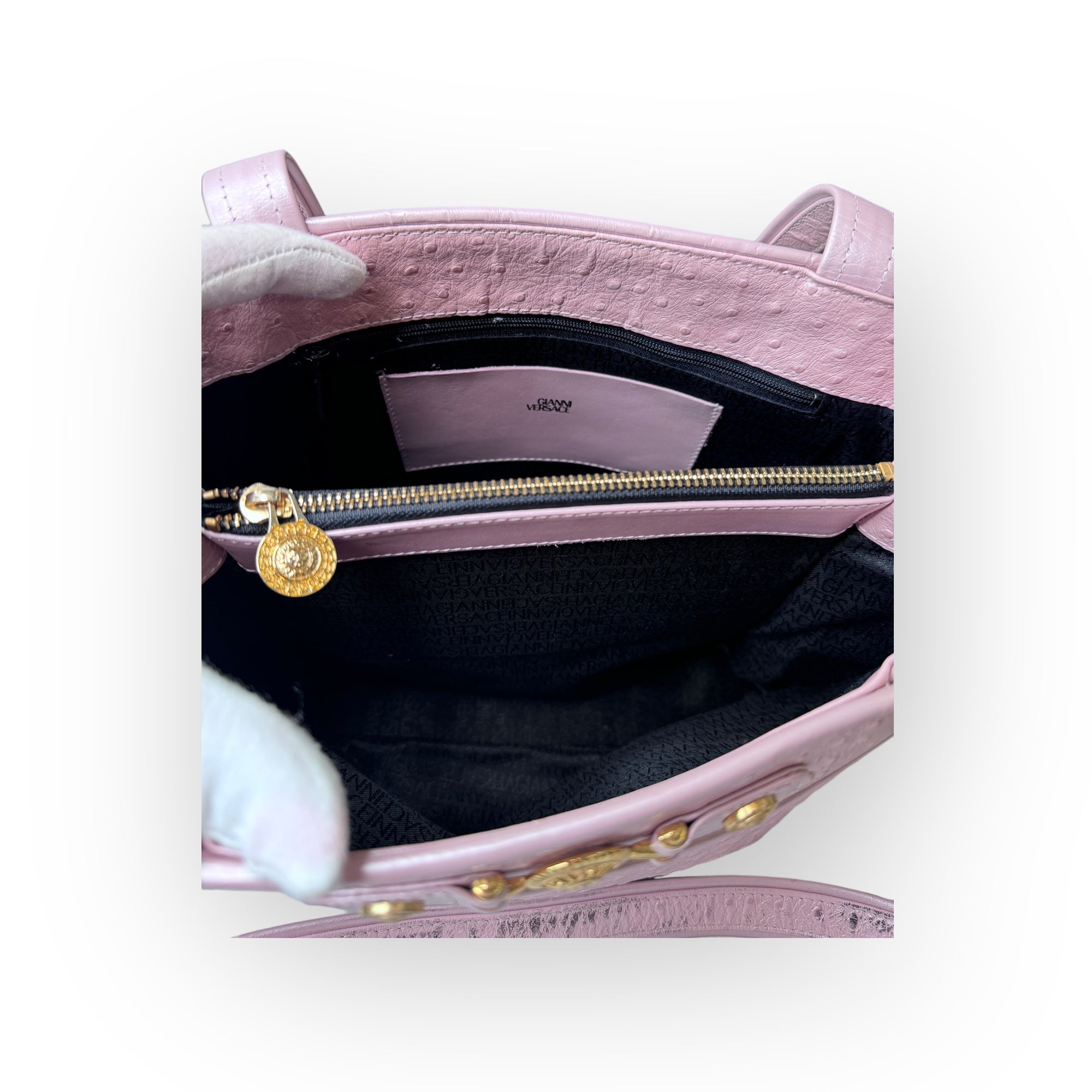 Gianni Versace Pearlescent Pink Ostrich Medusa Shoulder Bag