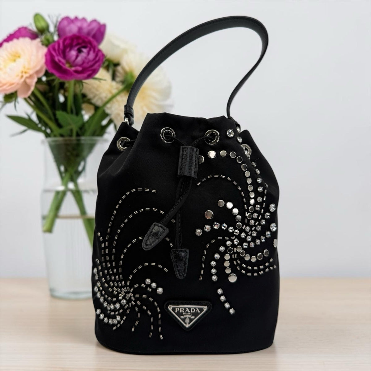 Prada Tessuto Saffiano Crystal Embellished Mini Re-Edition 1978 Bucket Bag