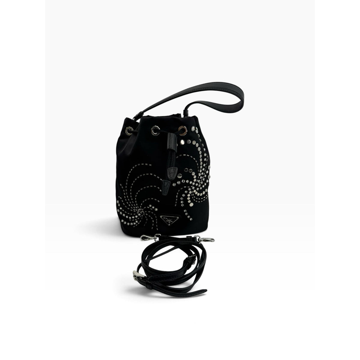 Prada Tessuto Saffiano Crystal Embellished Mini Re-Edition 1978 Bucket Bag